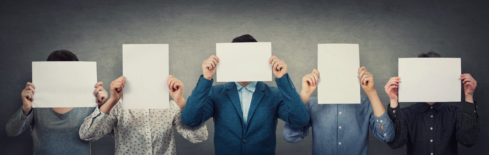 Group Of Different People, Business Team, Each Covering His Face