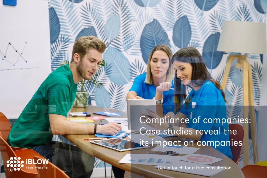 3 Persons working in a tablet, in an iBlow.eu article "Compliance of companies: Case Studies reveal its impact on companies"