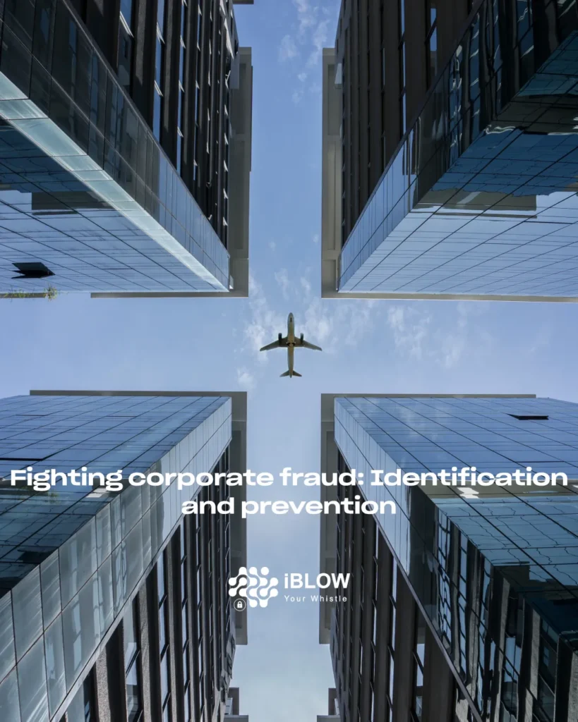 Four glass office towers seen from below with a plane in the sky, illustrating fighting corporate fraud