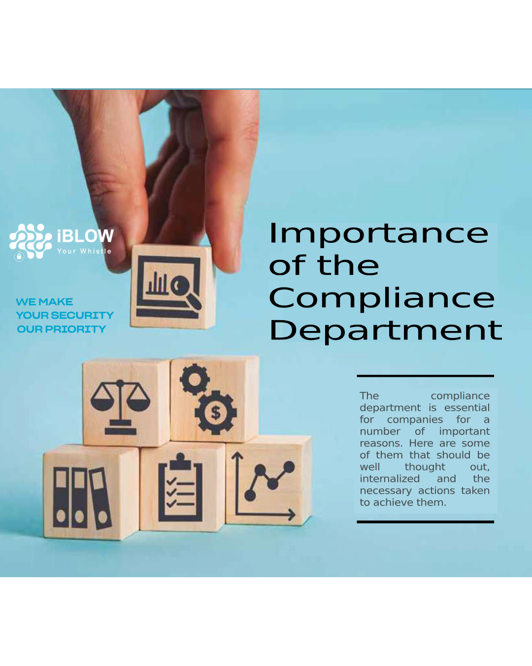 Image from the iBlow.eu article, which shows us the various parts that the compliance department is involved in to ensure that it works properly to protect companies' interests, on the topic of the need for a compliance department in companies and the priority of implementing a safe, ethical and transparent whistleblowing channel.