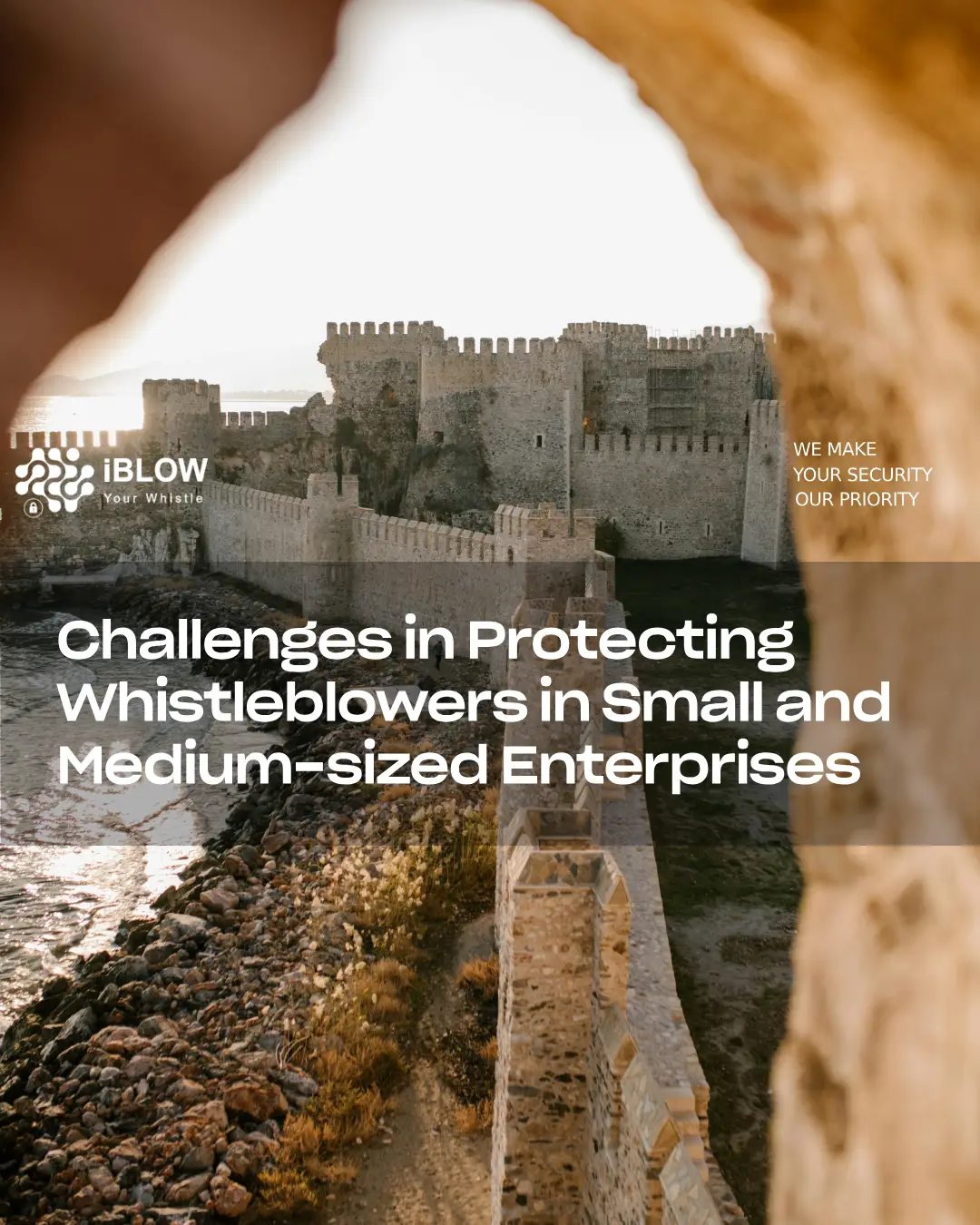 A medieval stone fortress by the sea, symbolising security and protection, with a text overlay discussing the challenges of whistleblower protection in small and medium-sized enterprises, an Iblow.eu article called "Challenges in Protecting Whistleblowers in Small and Medium-sized Enterprises"