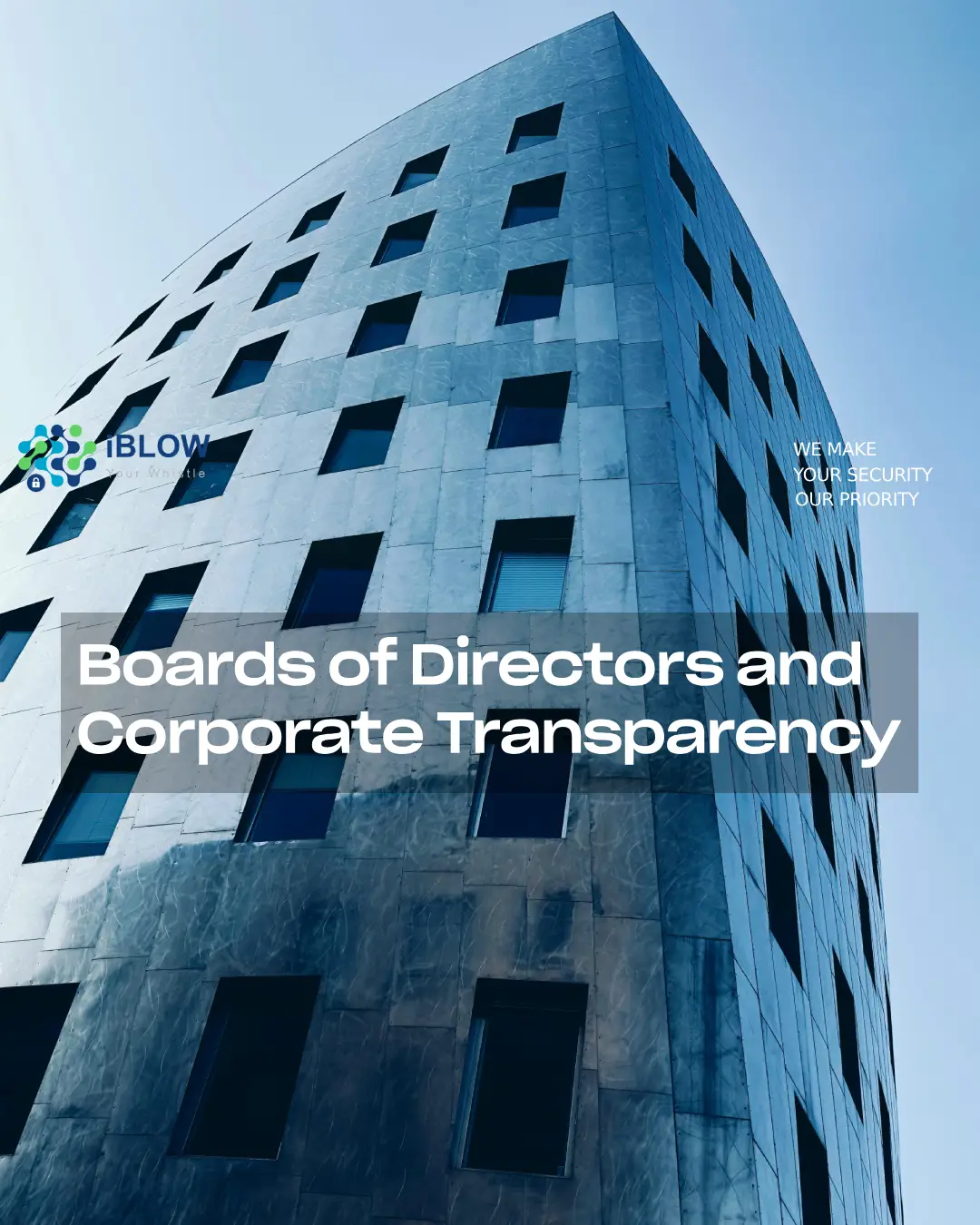 Modern corporate building with a sleek dark facade, representing transparency and ethical governance, within iBlow.eu article Boards of Directors and Corporate Transparency.