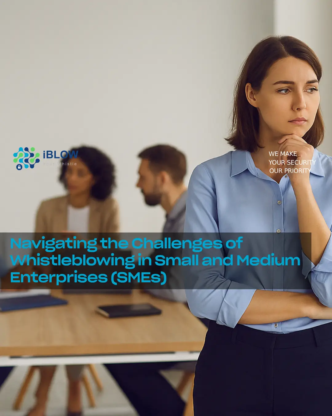A thoughtful employee stands apart from a small office team, symbolising ethical decision-making and the challenges of whistleblowing in SMEs, in iBlow.eu