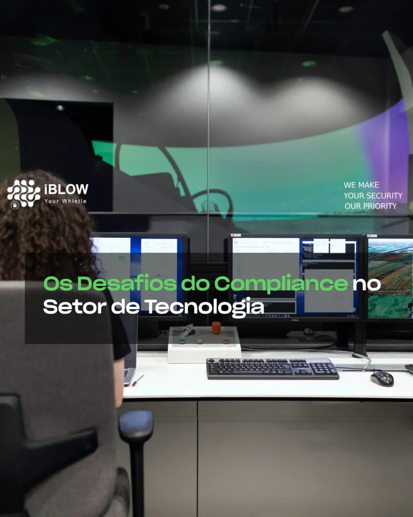 Utilizador sentado num computador a supervisionar em vários monitores e aplicações num centro de controlo unificado, no artigo iBlow.eu “Os Desafios do Compliance no Setor de Tecnologia”.