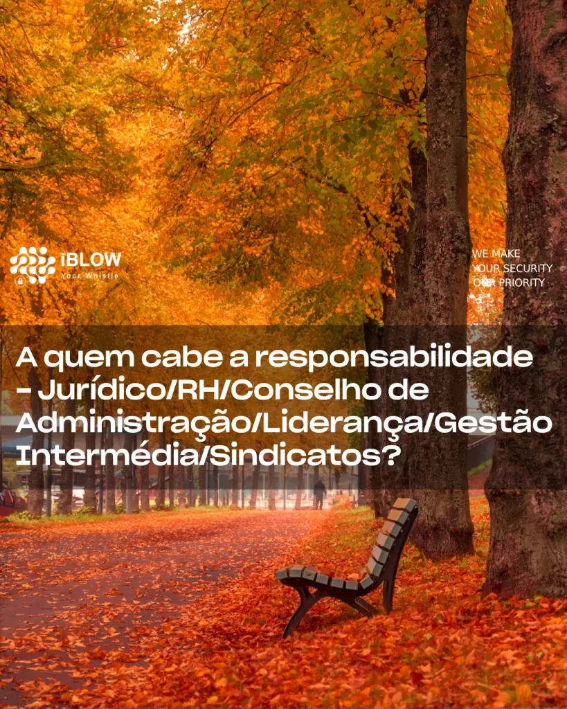 Caminho de outono com árvores de folhas amarelas e laranjas, um banco vazio à direita e uma atmosfera serena, demonstrando o vazio no assumir a responsabilidade no artigo iBlow.eu A quem cabe a responsabilidade - Jurídico/RH/Conselho de Administração/Liderança/Gestão intermédia/Sindicatos de 20Nov2024.
