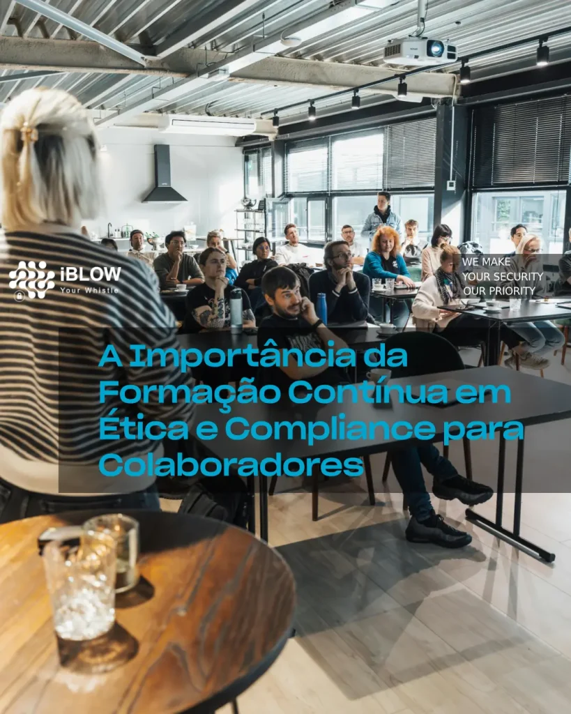 Uma sessão de formação empresarial sobre ética e conformidade, com um grupo diversificado de funcionários a ouvir atentamente um orador num ambiente de escritório moderno. A imagem destaca a importância da formação contínua em conformidade para manter a integridade organizacional, num artigo do blogue iBlow.eu.