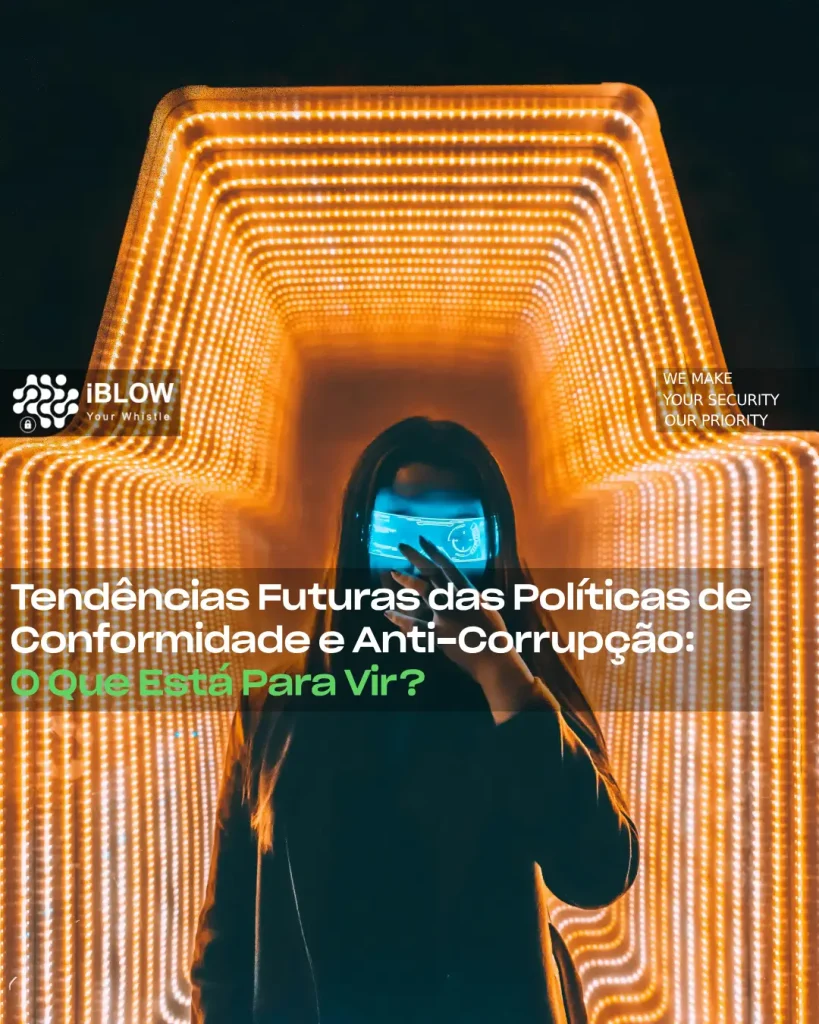 Uma imagem futurista de uma mulher com uma máscara facial digital, iluminada por luzes LED cor de laranja brilhantes, simboliza as tendências futuras das políticas de conformidade e anti-corrupção, como refere o artigo da iBlow.eu.