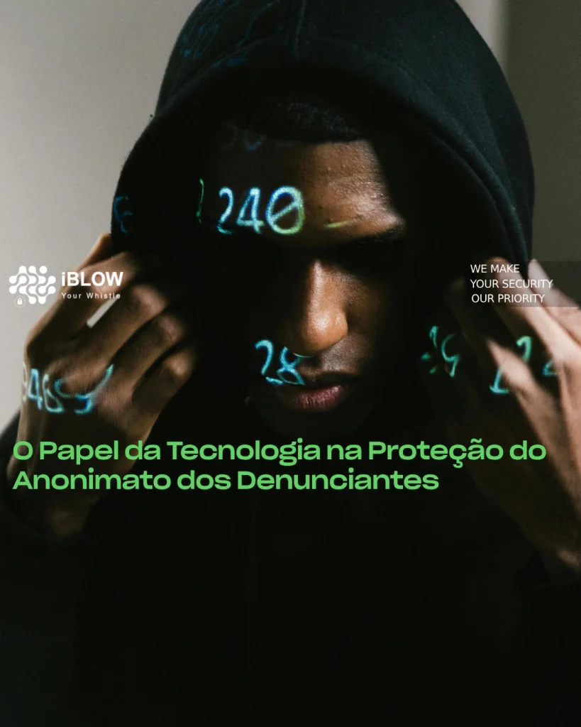 Figura anónima com um capuz e números digitais projetados no rosto, simbolizando a comunicação encriptada e o anonimato dos denunciantes, no artigo iBlow.eu “O Papel da Tecnologia na Proteção do Anonimato dos Denunciantes”.