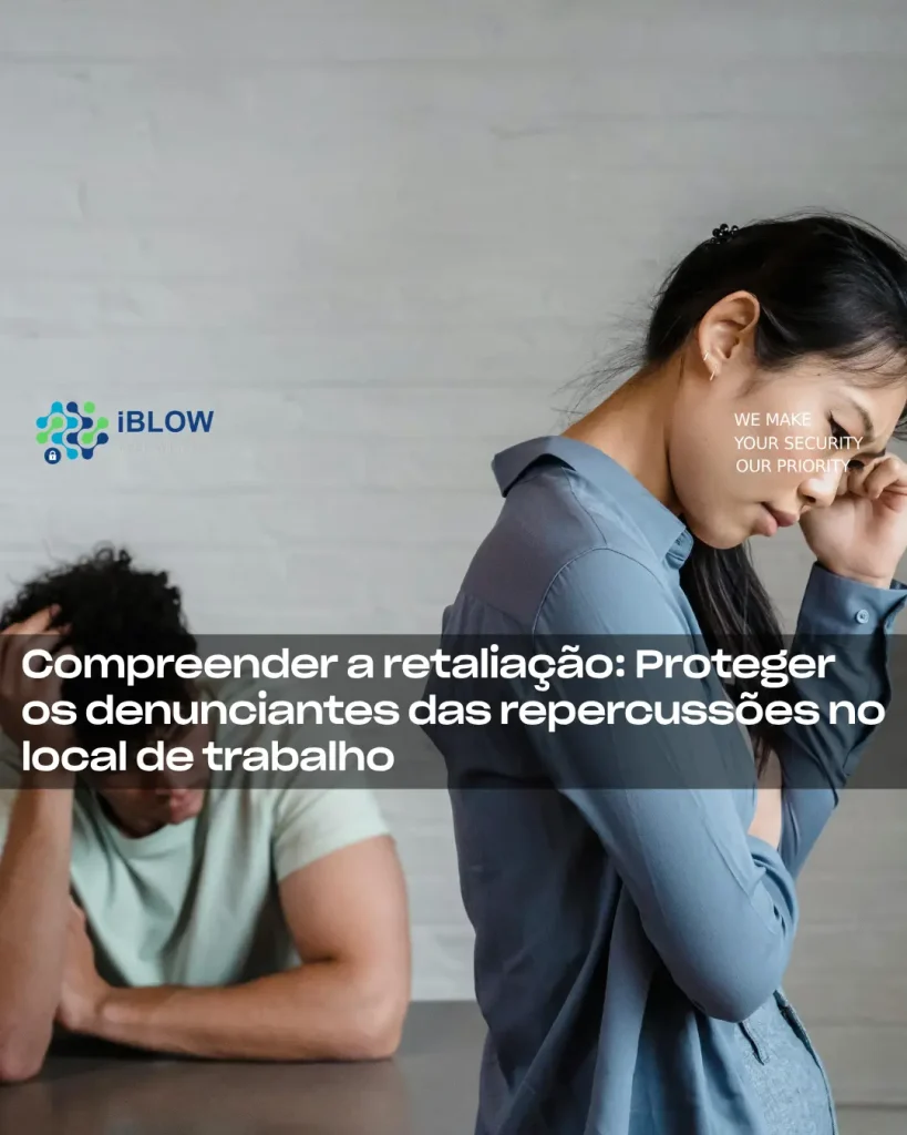 Dois colegas angustiados que sofrem tensão emocional, simbolizando a retaliação no local de trabalho e a ansiedade do denunciante, em artigo sobre Retaliações contra os denunciantes pela iBlow.eu