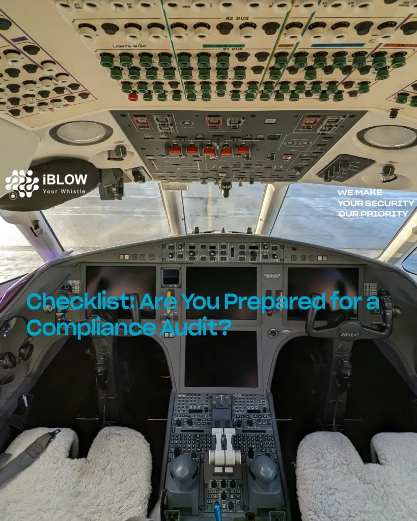 Cockpit dashboard illustrating a compliance audit and internal control checklist, in an iBlow.eu article