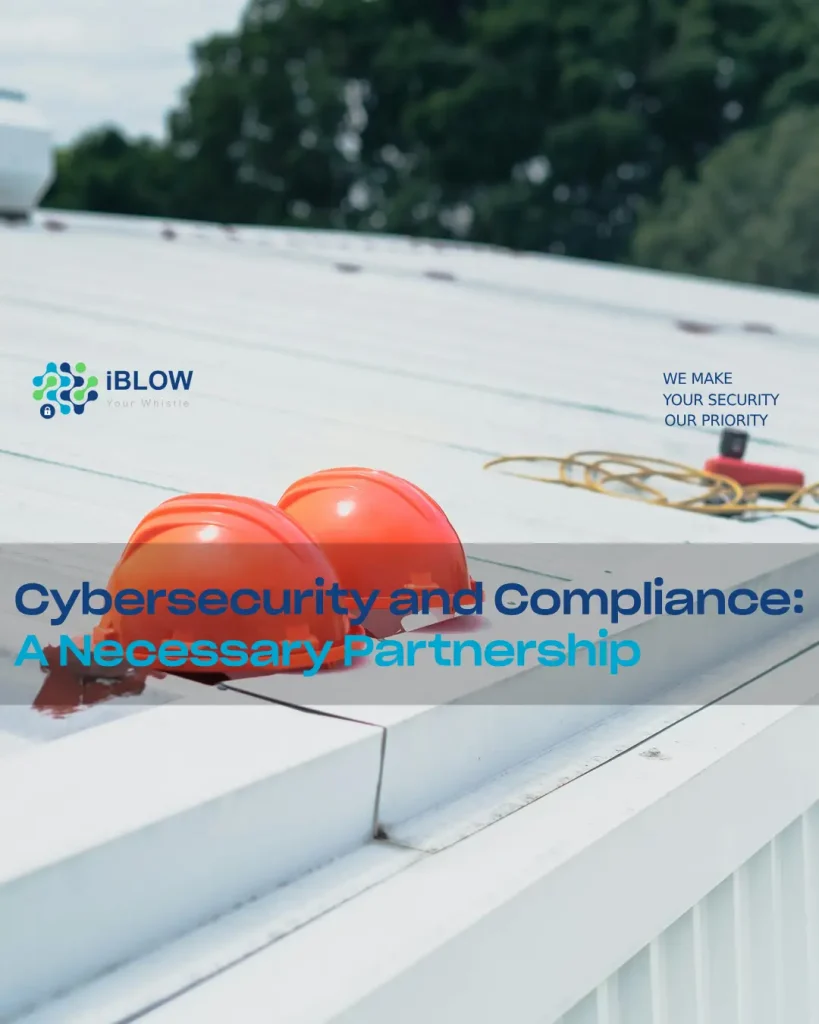 Two orange safety helmets on a metal roof with the text "Cybersecurity and Compliance: A Necessary Partnership" and the iBLOW logo.