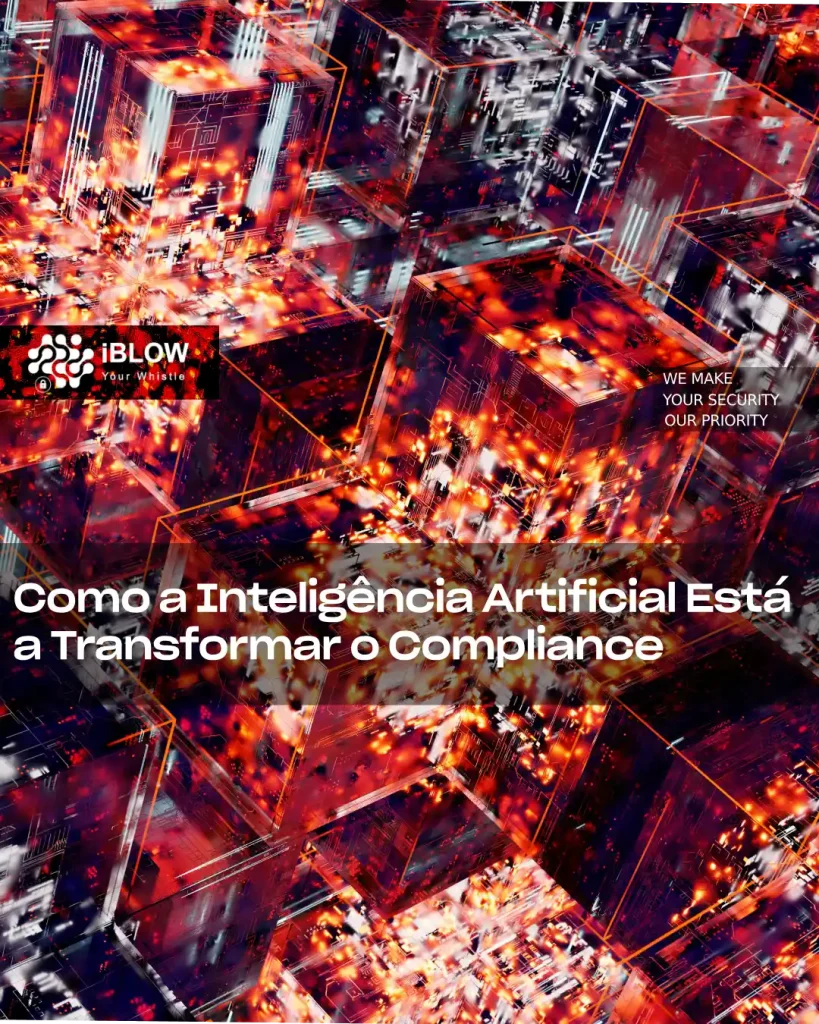 Representação visual de inteligência artificial e fluxos de dados em sistemas corporativos, em artigo iBlow.eu sobre Inteligência Artificial no Compliance