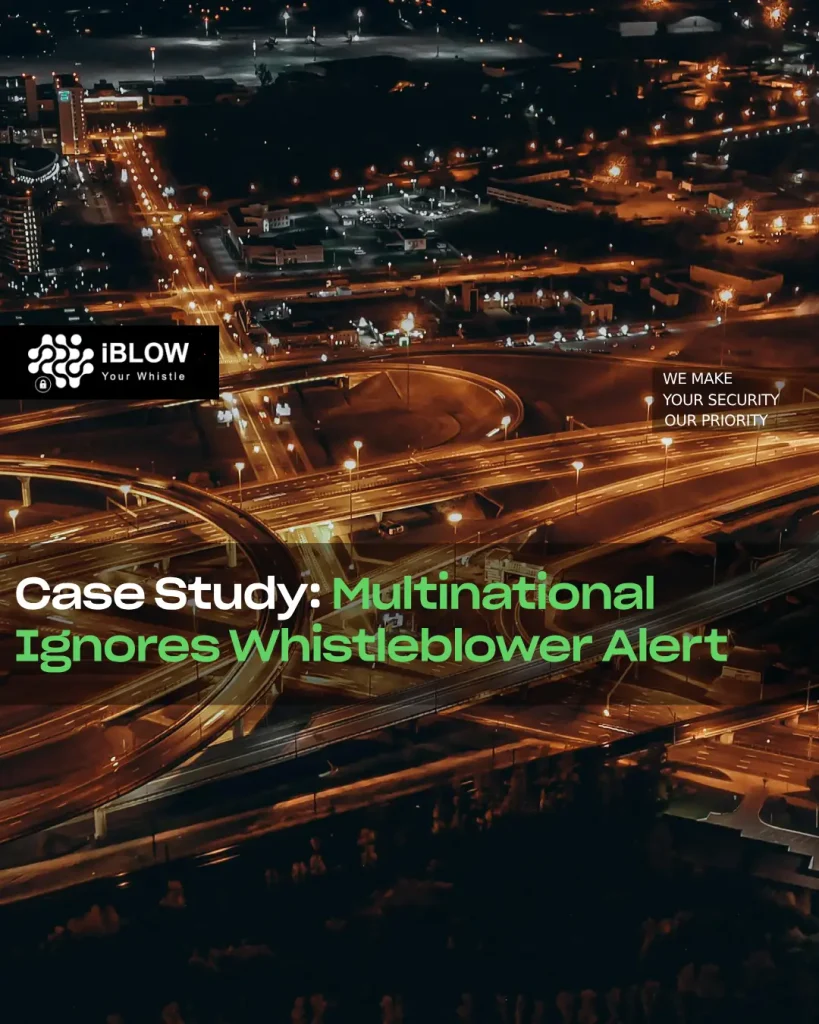 Night-time aerial view of an illuminated road junction that symbolises the complexity of decisions at a multinational that ignored a whistleblower alert, in an iBlow.eu article