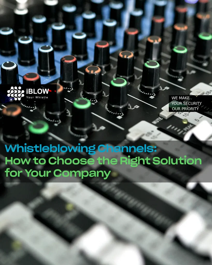 Reporting whistleblowing channel: mixing desk illustrating control and safety, with article title and iBlow logo.