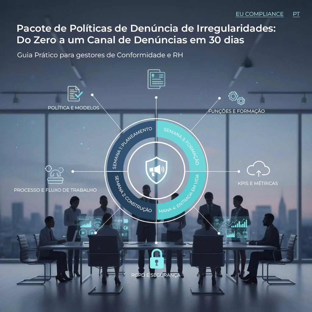 Equipa em sala de reuniões com infográfico circular “30 dias” (planear, construir, formar, go-live) e ícones de políticas, papéis e formação, KPIs, processos e segurança RGPD — Pacote de Políticas de Denúncias.
