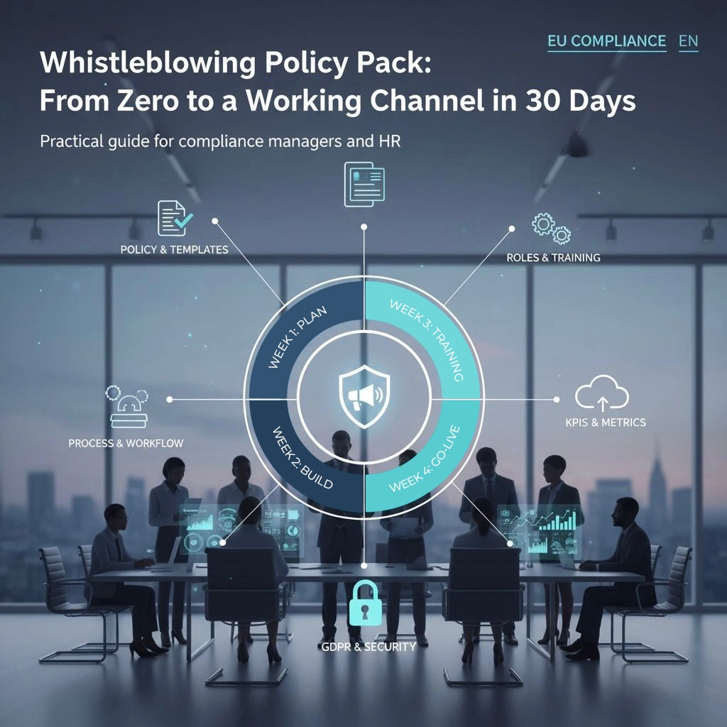 Business team in a boardroom with a circular “30-day” infographic (plan, build, train, go-live) and icons for policy templates, roles & training, KPIs, process/workflow and GDPR security — Whistleblowing Policy Pack.