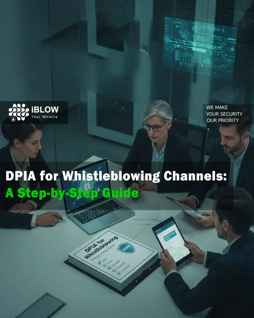 Compliance team reviewing a DPIA for whistleblowing channels on laptop and tablet in a secure server room.