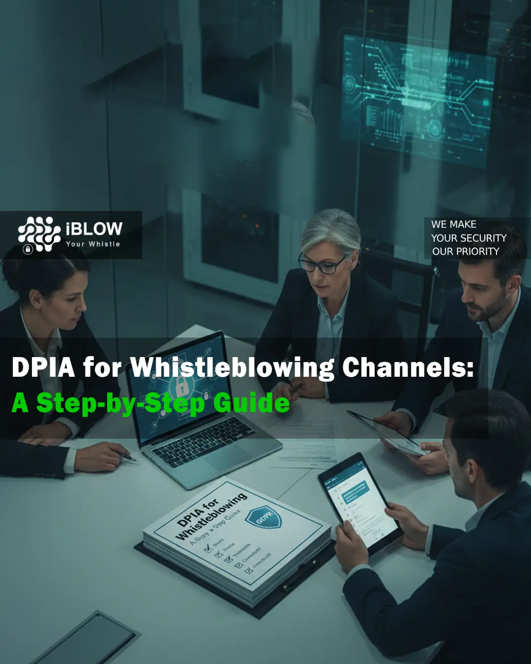 Compliance team reviewing a DPIA for whistleblowing channels on laptop and tablet in a secure server room.