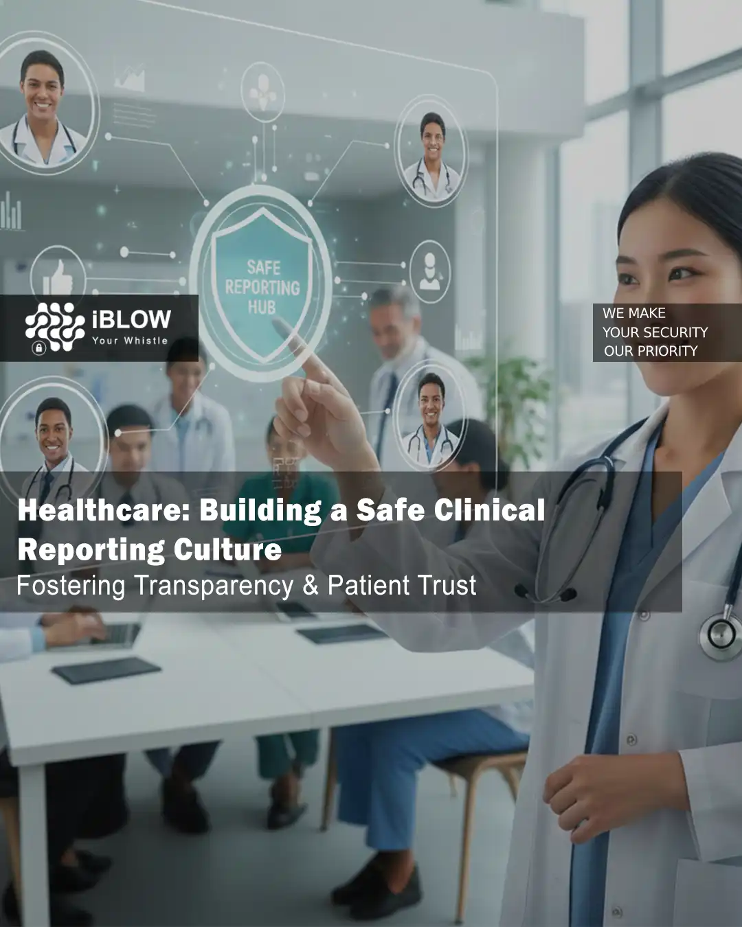 Illustration of healthcare professionals interacting with a digital “Safe Reporting Hub” panel, representing a safe clinical reporting culture in the education sector.