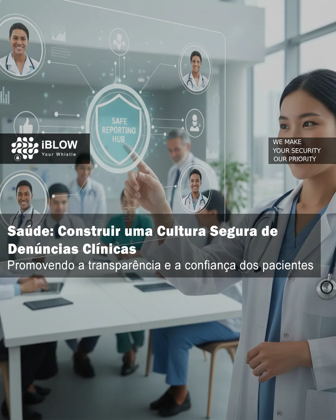 Ilustração de profissionais de saúde a interagir com um painel digital "Painel de Denúncias Clínicas Seguras", representando uma cultura segura de denúncias clínicas no setor da educação.