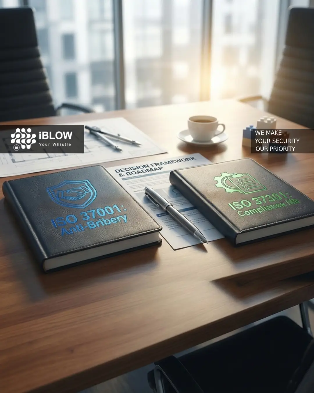 Anti-bribery ISO 37001 or ISO 37301 compliance management books on a desk with a decision framework and roadmap document