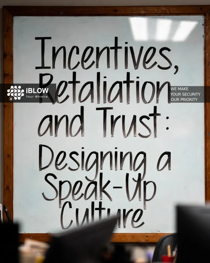 Whiteboard with “Incentives, Retaliation and Trust: Designing a Speak-Up Culture” for whistleblowing and compliance culture