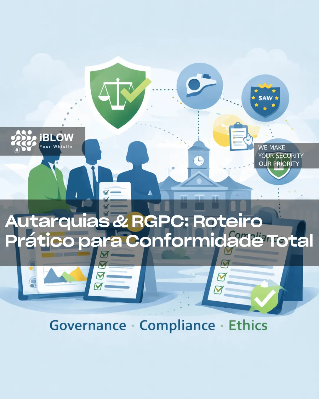 Ilustração sobre conformidade RGPC em autarquias, com foco em ética, canal de denúncias, governação e controlo interno