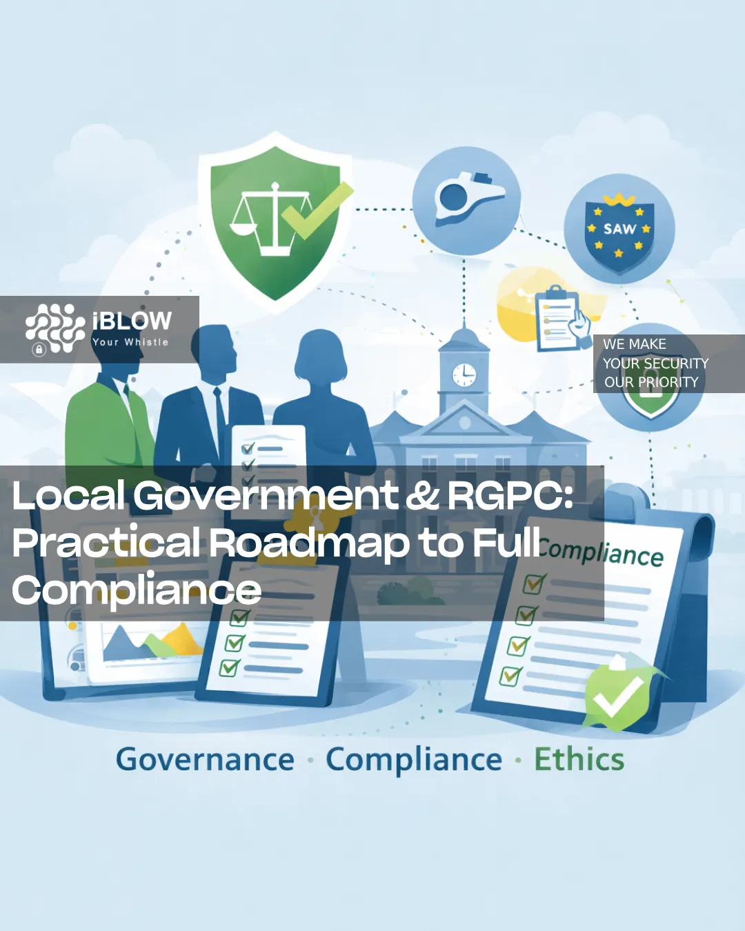 Illustration about RGPC compliance in local government, focused on ethics, whistleblowing channels, governance and internal controls