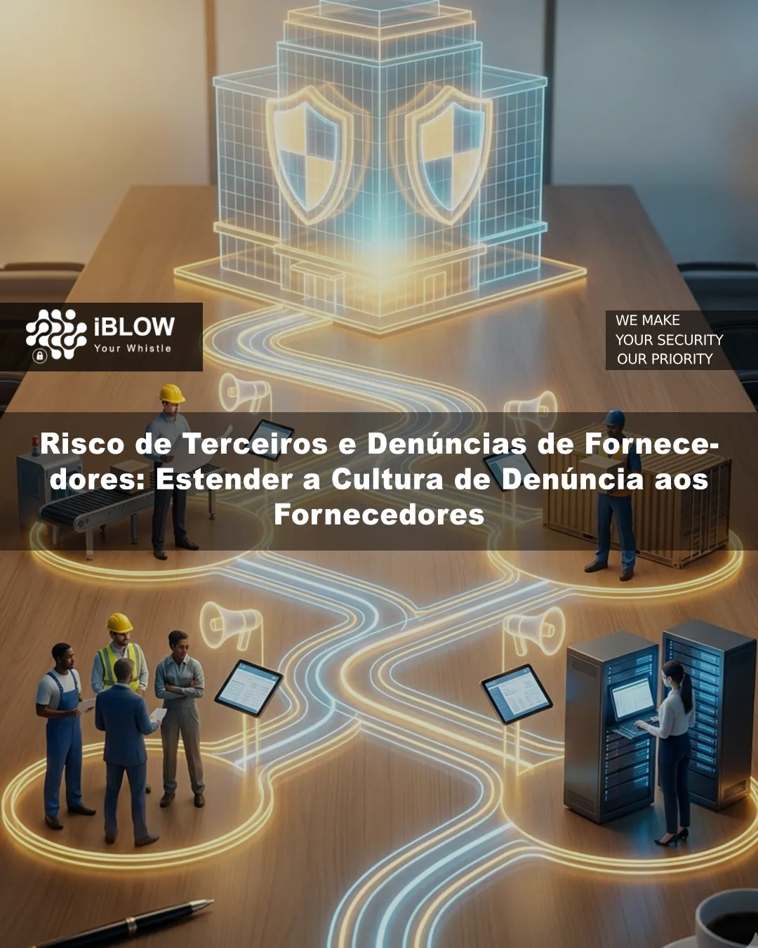 Ilustração sobre risco de terceiros e denúncias de fornecedores com canais de reporte, compliance, procurement e governação segura