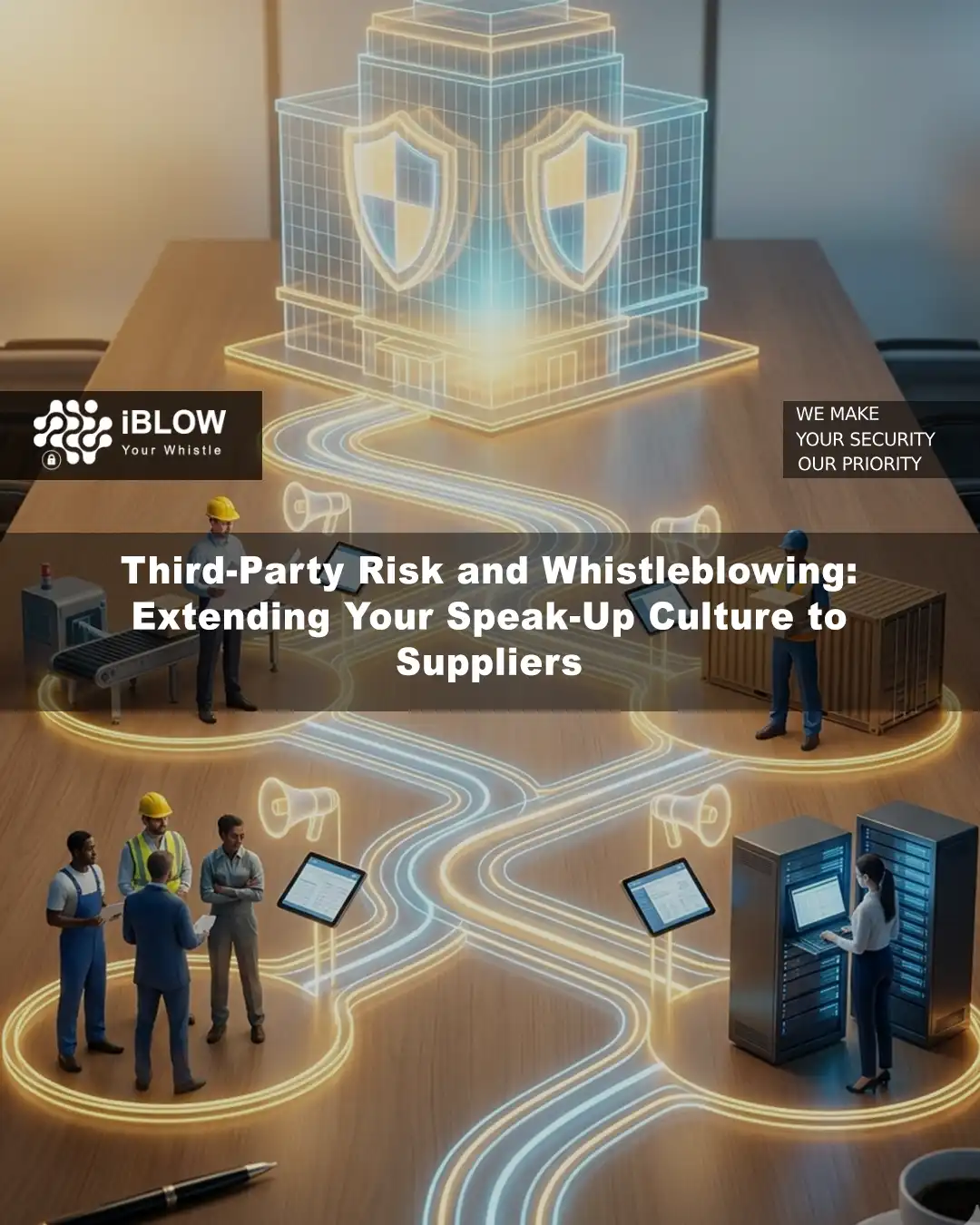 Illustration for Third-Party Risk and Whistleblowing showing suppliers, reporting channels, compliance workflows and secure governance