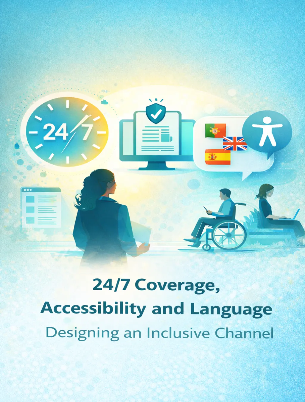 Illustration of an inclusive whistleblowing channel with 24/7 coverage, digital accessibility and multilingual support